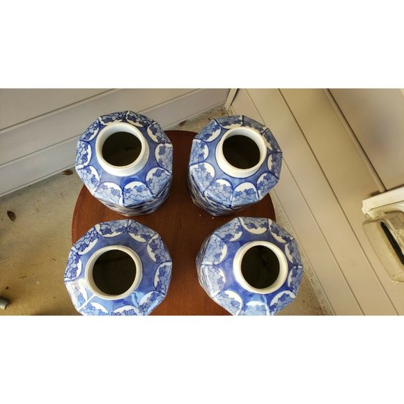 4 Jars, 8"inch Vintage Blue and White Ginger Jar Flowers Motif Spiral Form Shape - Picture 5 of 12